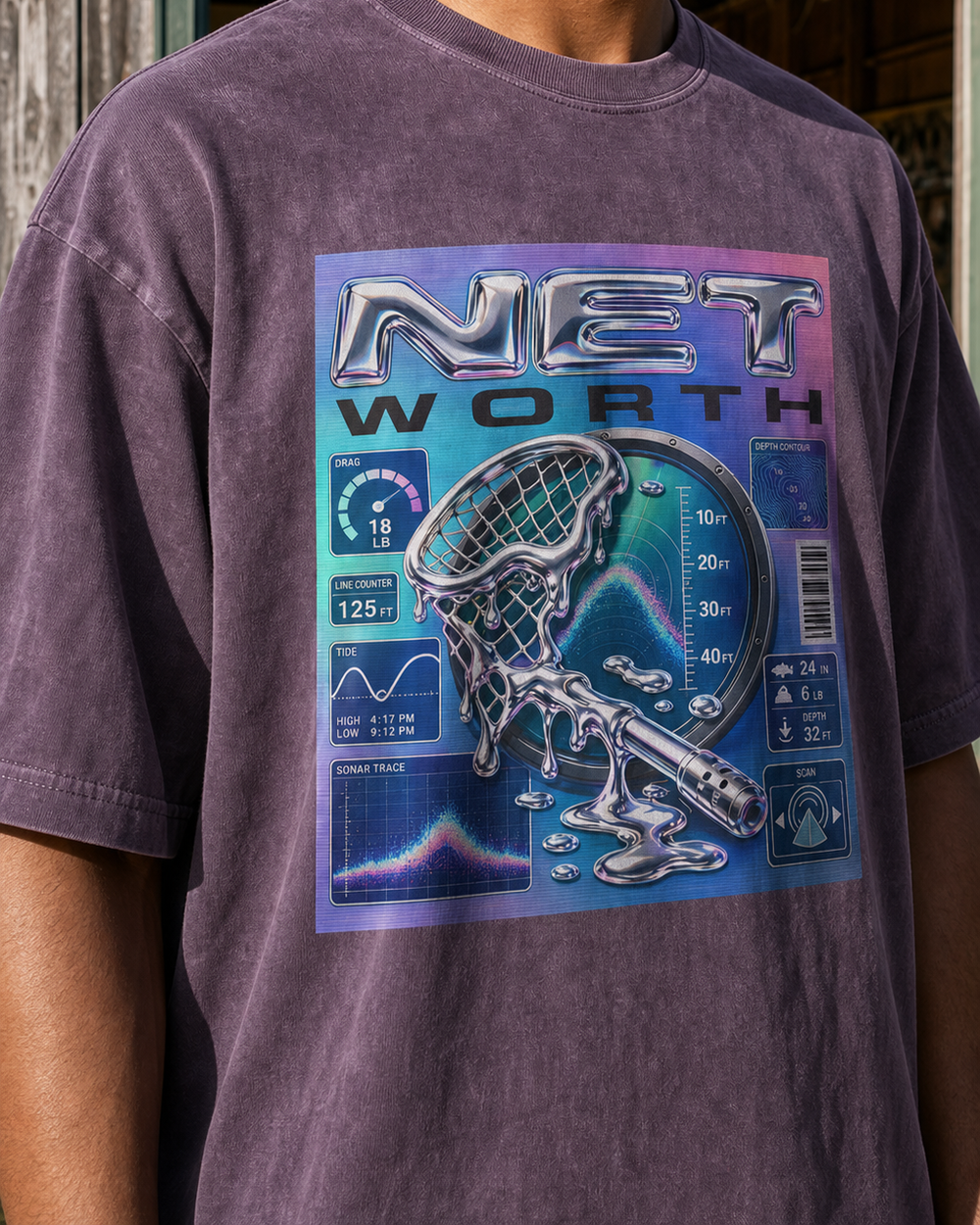 Net Worth washed tee — washed violet, worn, side