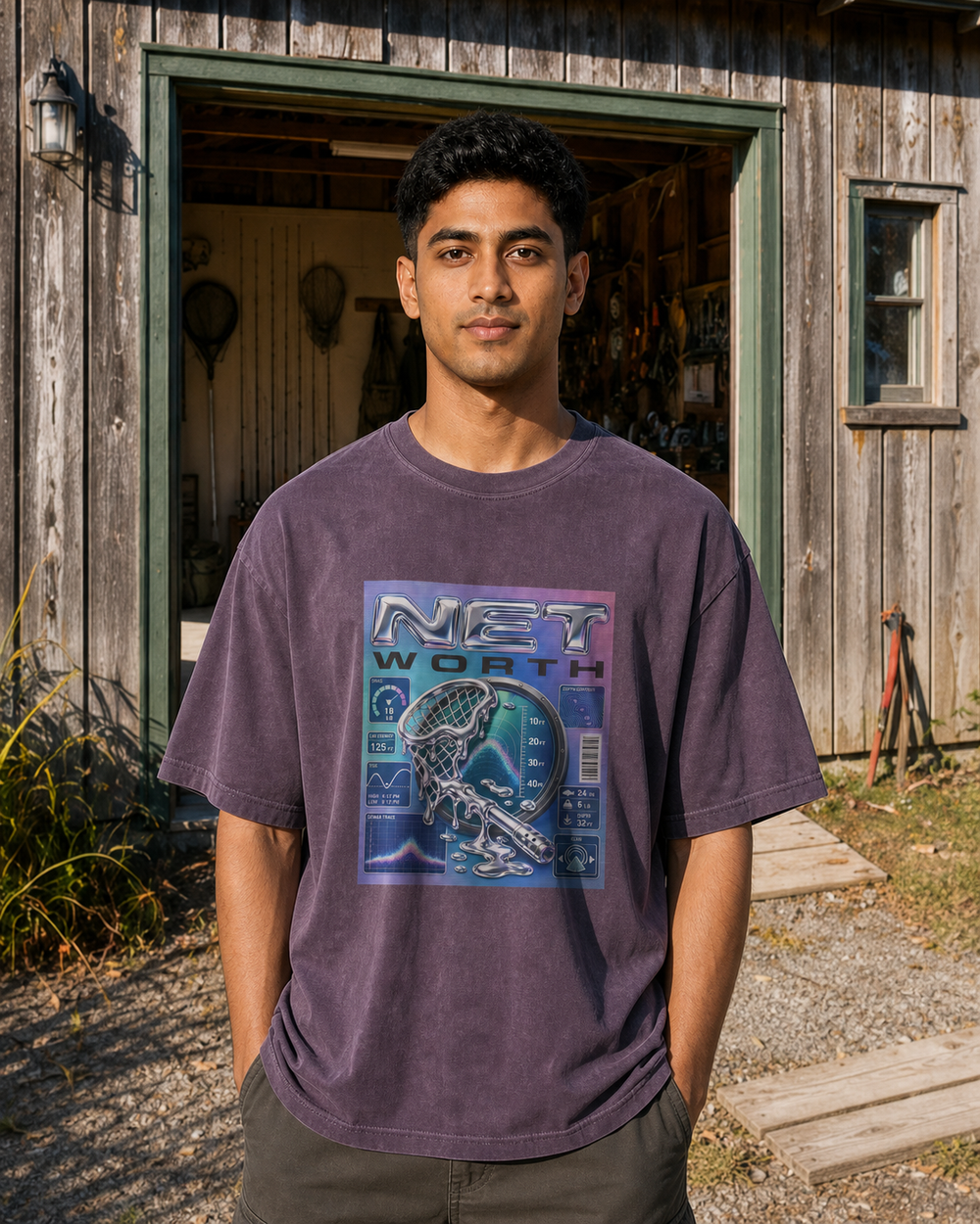 Net Worth washed tee — washed violet, worn, front