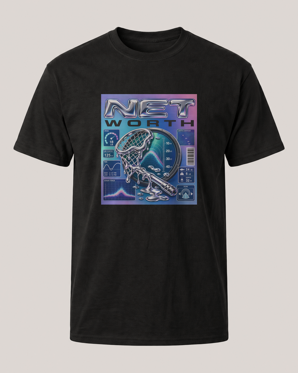 Net Worth tee — black, front