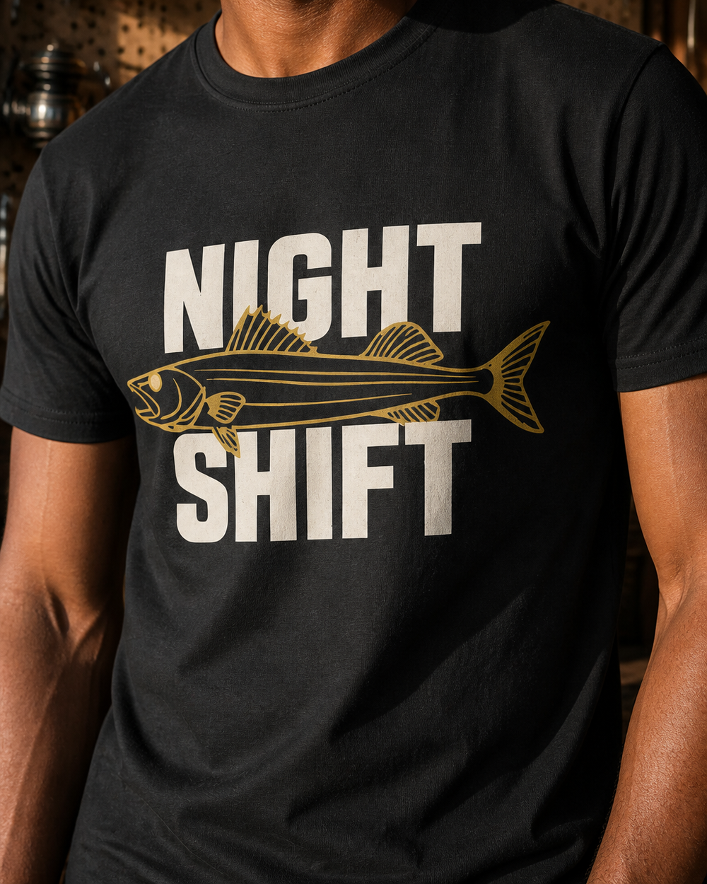 Night Shift tee — black, worn, side