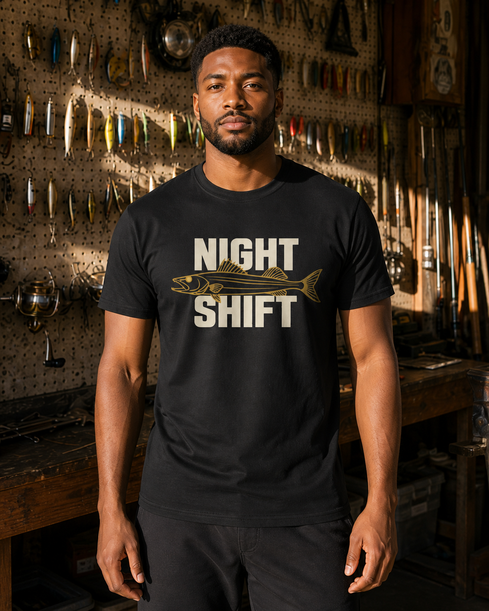Night Shift tee — black, worn, front