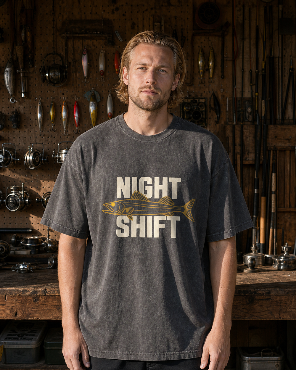Night Shift washed tee — washed black, worn, front
