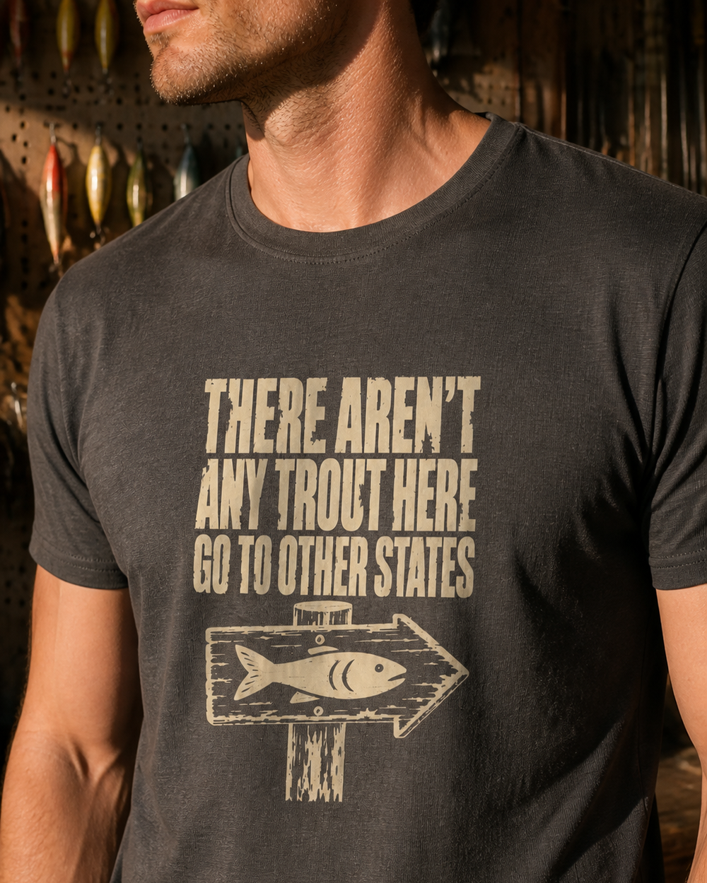 There Aren't Any Trout Here tee — charcoal, worn, side