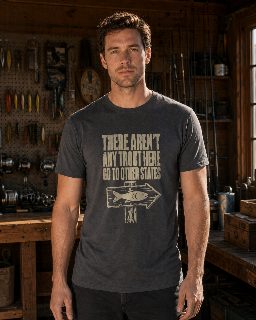 There Aren't Any Trout Here tee — charcoal, worn, front