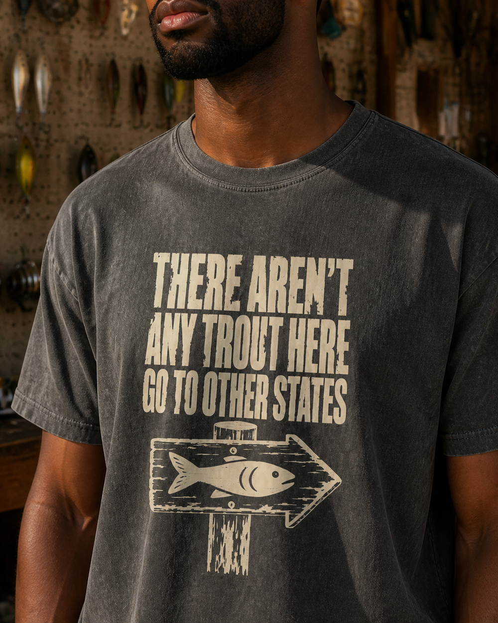 There Aren't Any Trout Here washed tee — washed black, worn, side