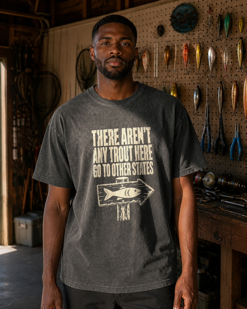 There Aren't Any Trout Here washed tee — washed black, worn, front