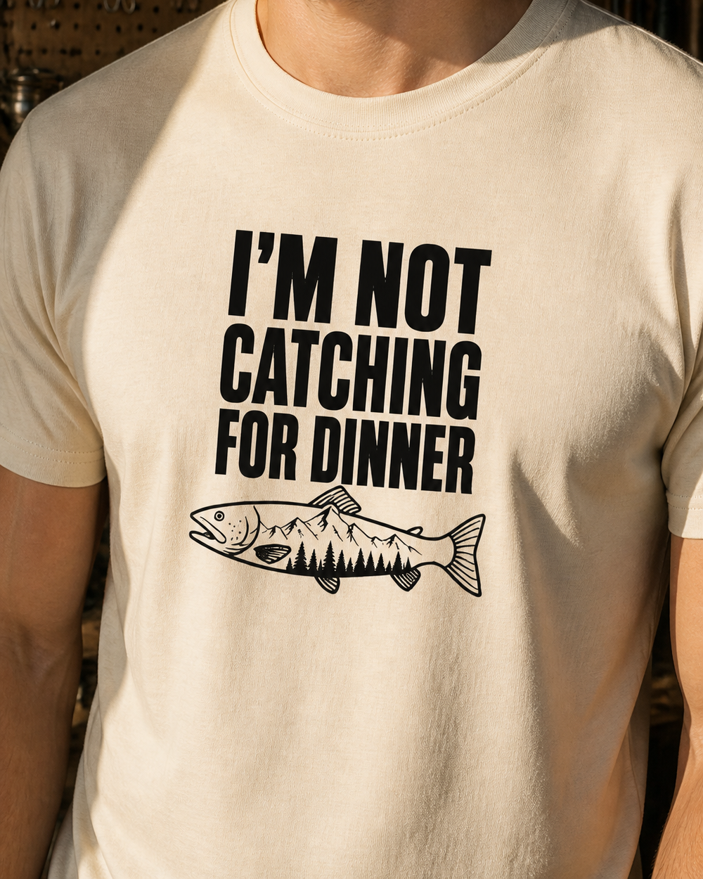 Not Catching for Dinner tee — bone, worn, side