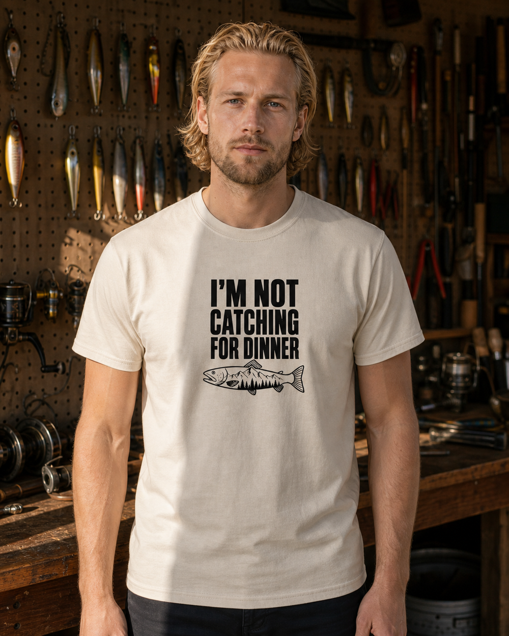 Not Catching for Dinner tee — bone, worn, front