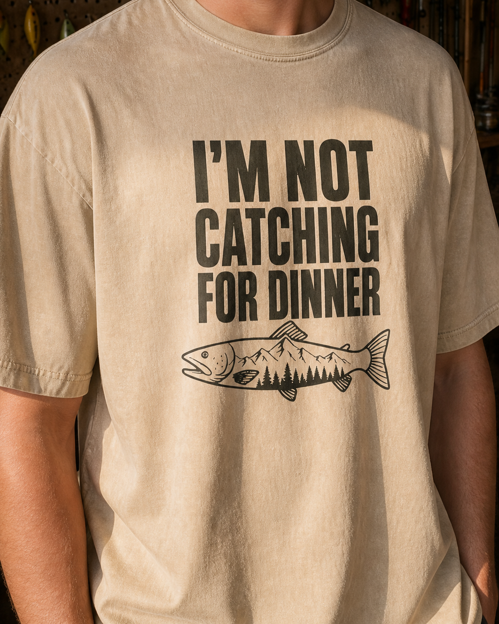 Not Catching for Dinner washed tee — washed bone, worn, side