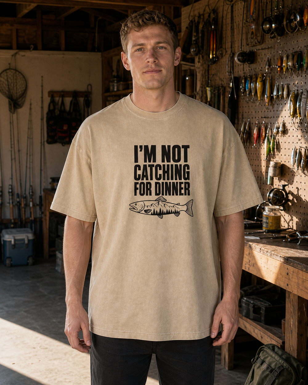 Not Catching for Dinner washed tee — washed bone, worn, front