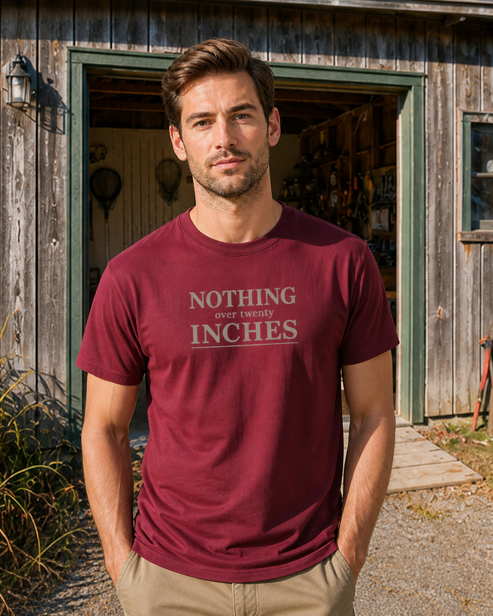 Nothing Over Twenty Inches Stacked tee — worn, front