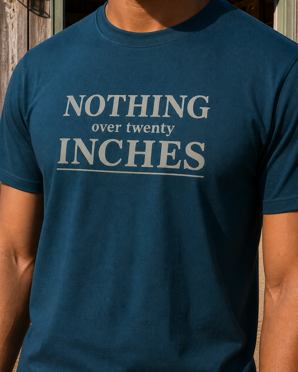 Nothing Over Twenty Inches Stacked tee — midnight navy, worn, side