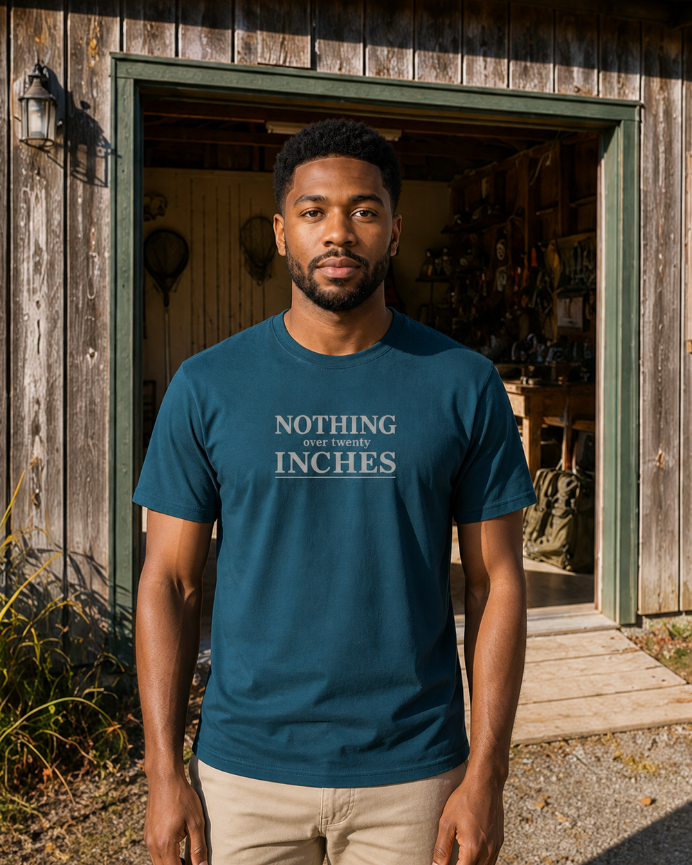 Nothing Over Twenty Inches Stacked tee — midnight navy, worn, front