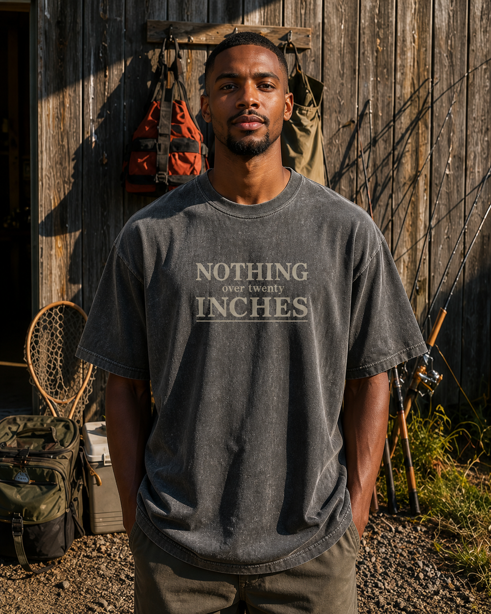 Nothing Over Twenty Inches Stacked washed tee — washed black, worn, front
