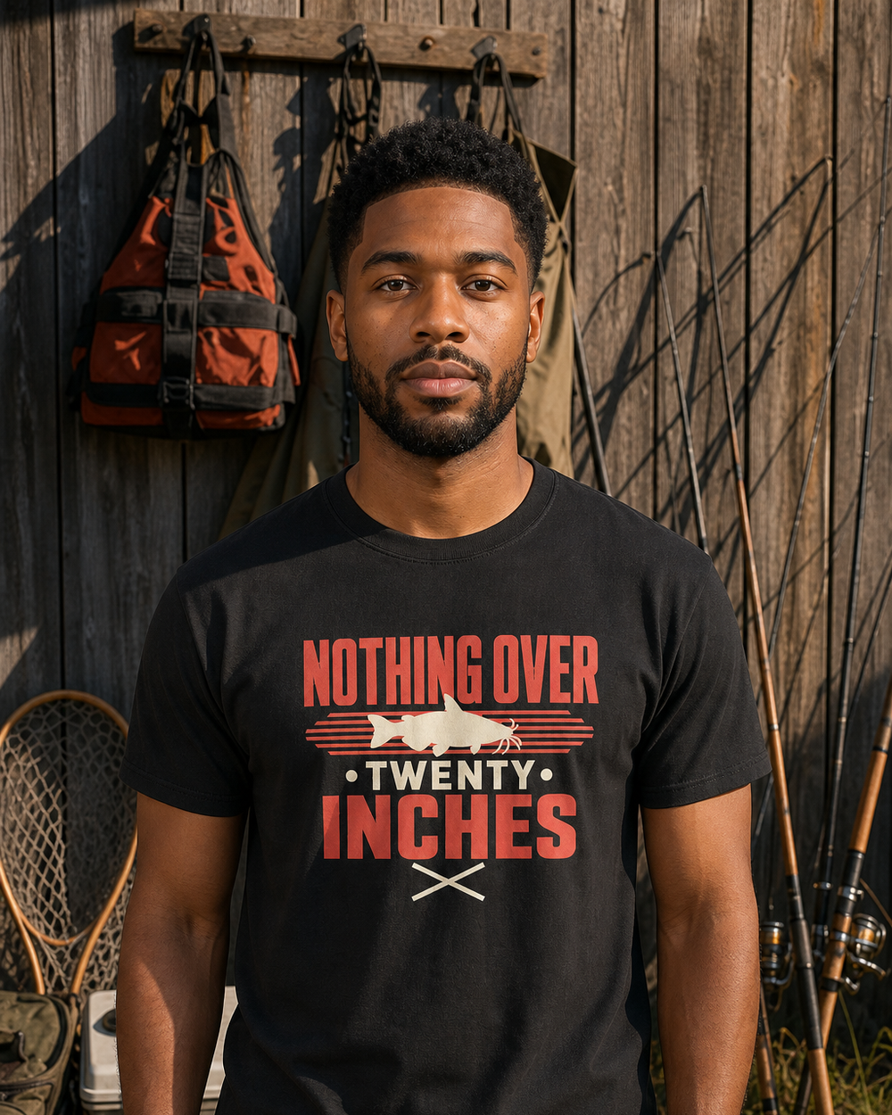 Nothing Over Twenty Inches Two Tone tee — black, worn, front
