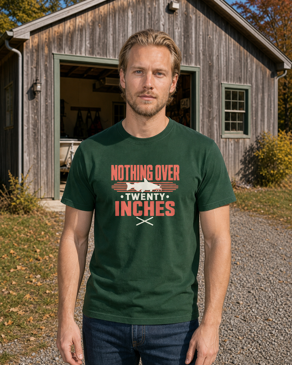 Nothing Over Twenty Inches Two Tone tee — forest, worn, front