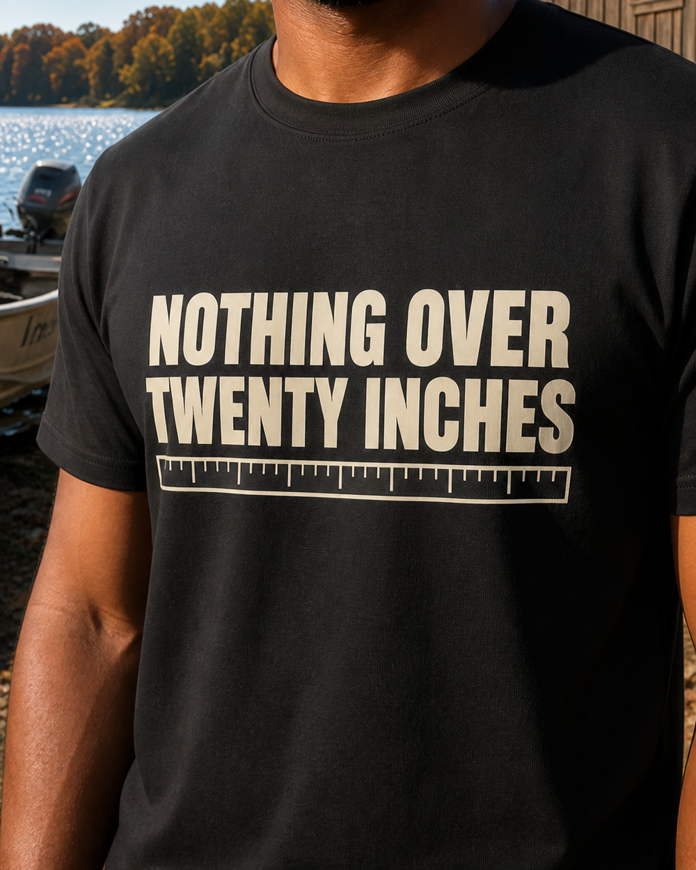 Nothing Over Twenty Inches tee — black, worn, side