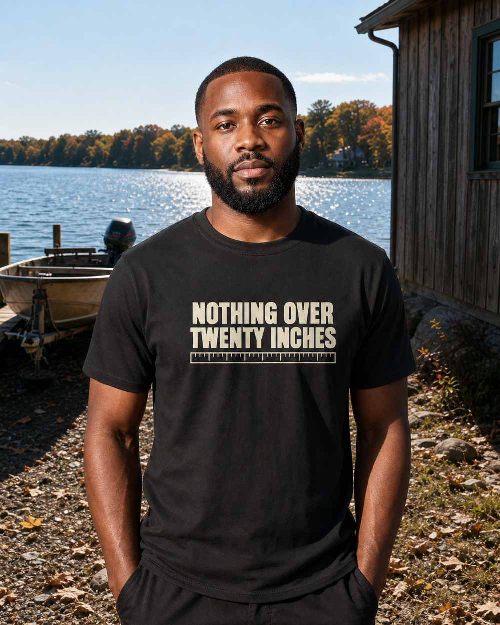 Nothing Over Twenty Inches tee — black, worn, front
