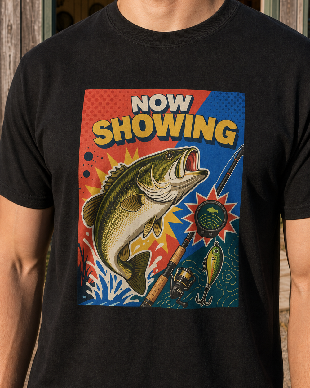 Now Showing tee — black, worn, side
