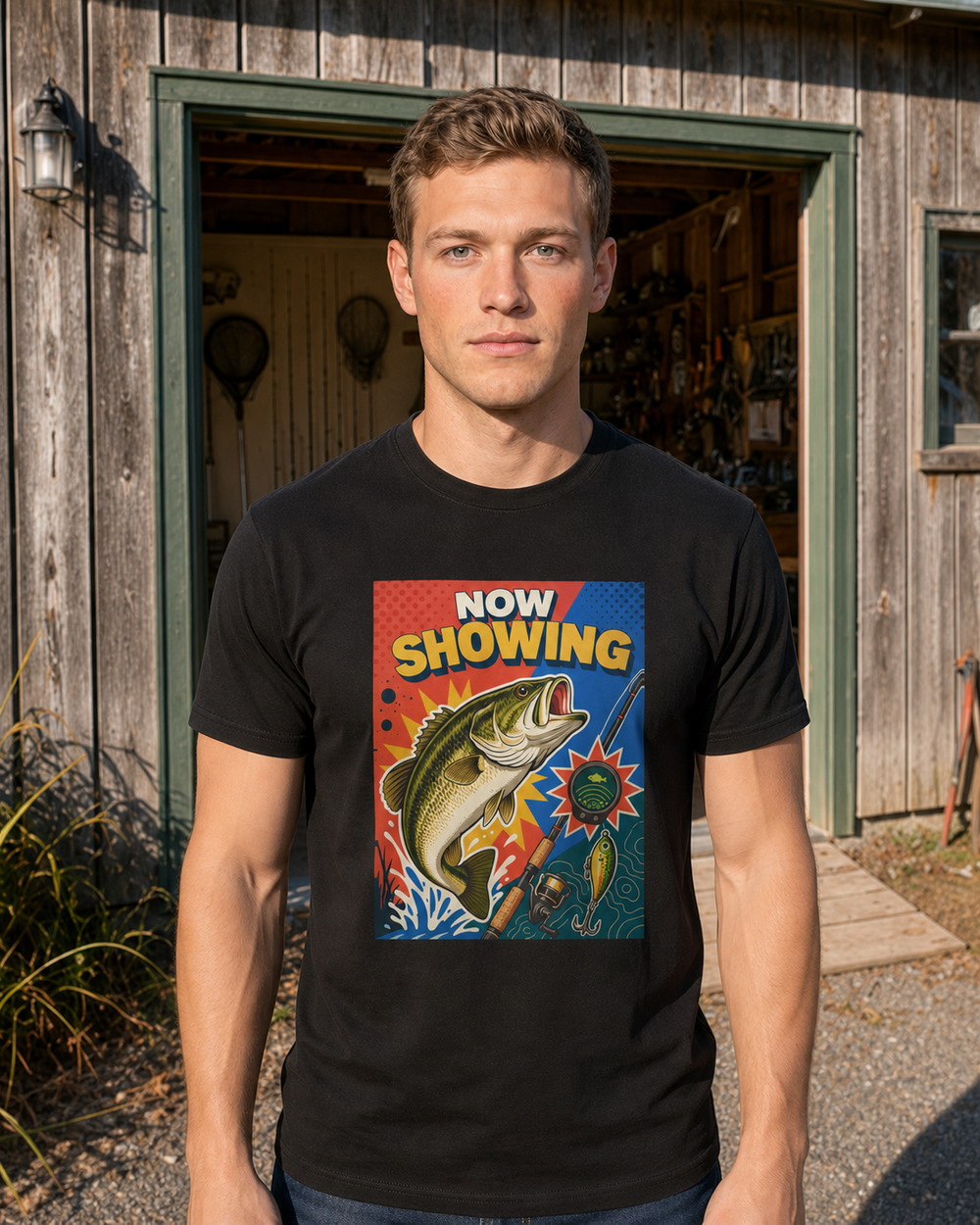 Now Showing tee — black, worn, front