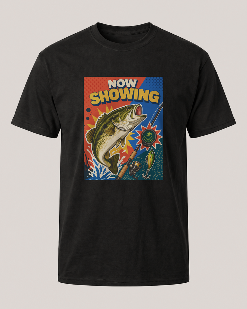 Now Showing tee — black, front