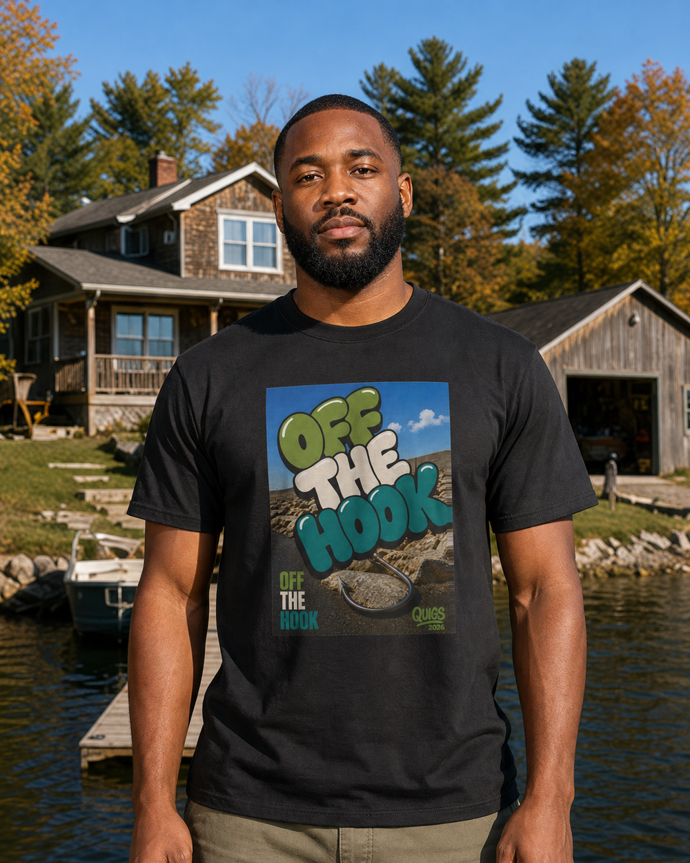 Off The Hook tee — black, worn, front