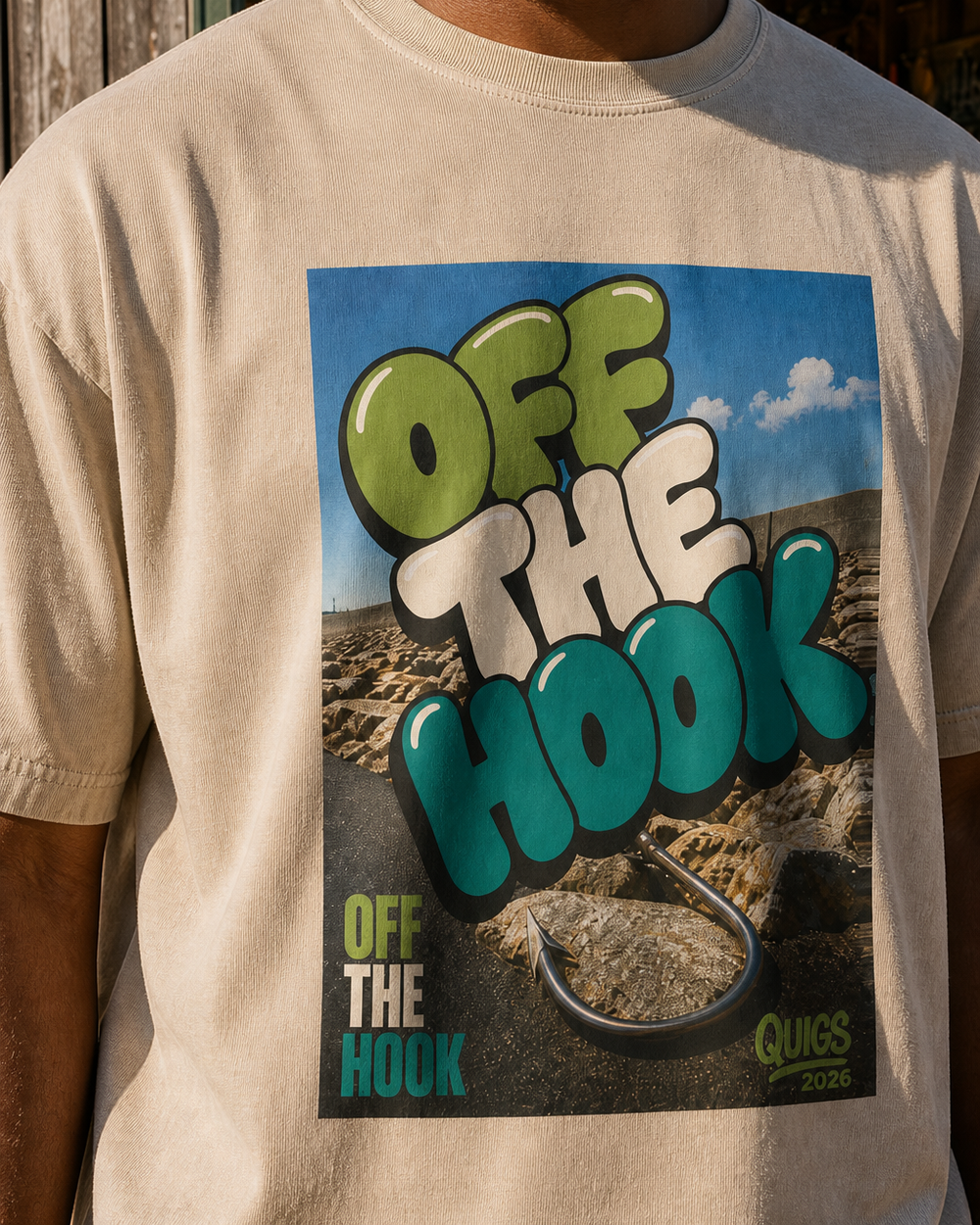Off The Hook washed tee — washed bone, worn, side