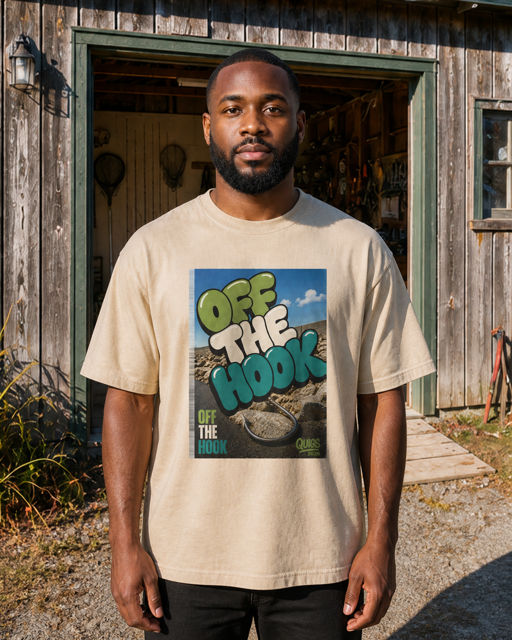 Off The Hook washed tee — washed bone, worn, front