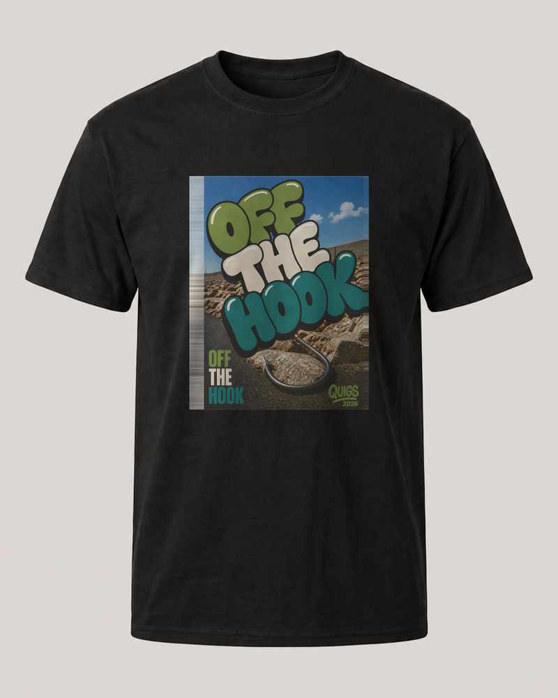 Off The Hook tee — black, front