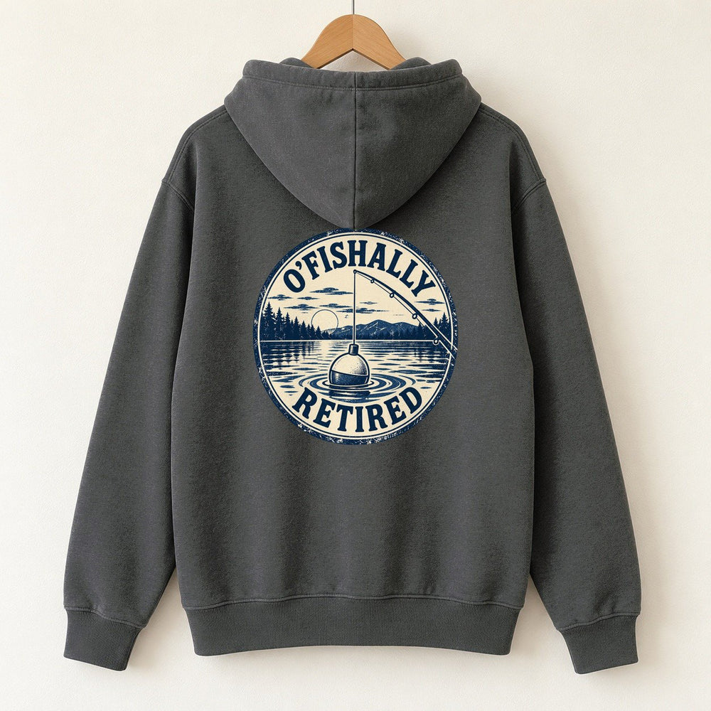 O'Fishally Retired — Lake Badge Hoodie — Charcoal — back print