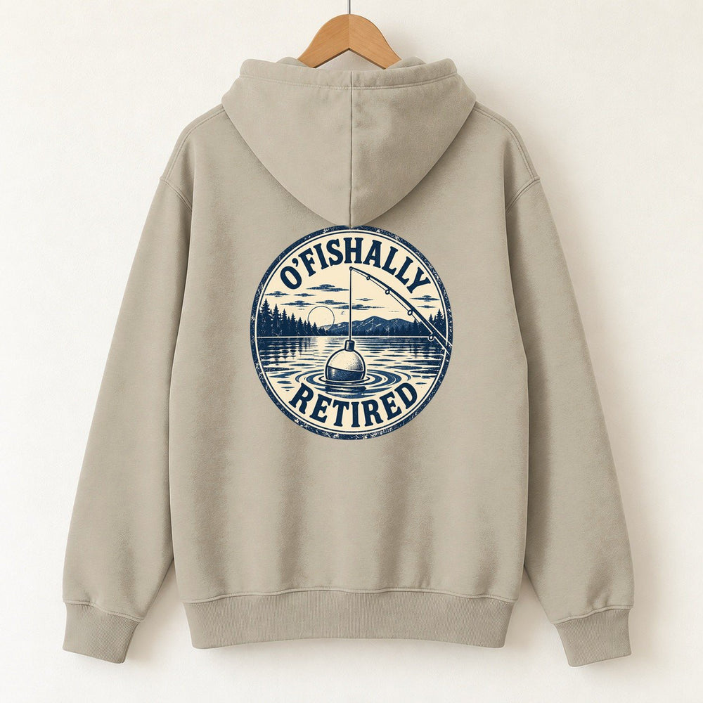 O'Fishally Retired — Lake Badge Hoodie — Sand — back print