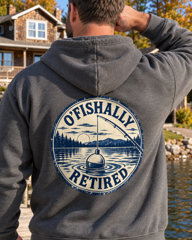 O'Fishally Retired — Lake Badge Hoodie — Charcoal — model back close-up