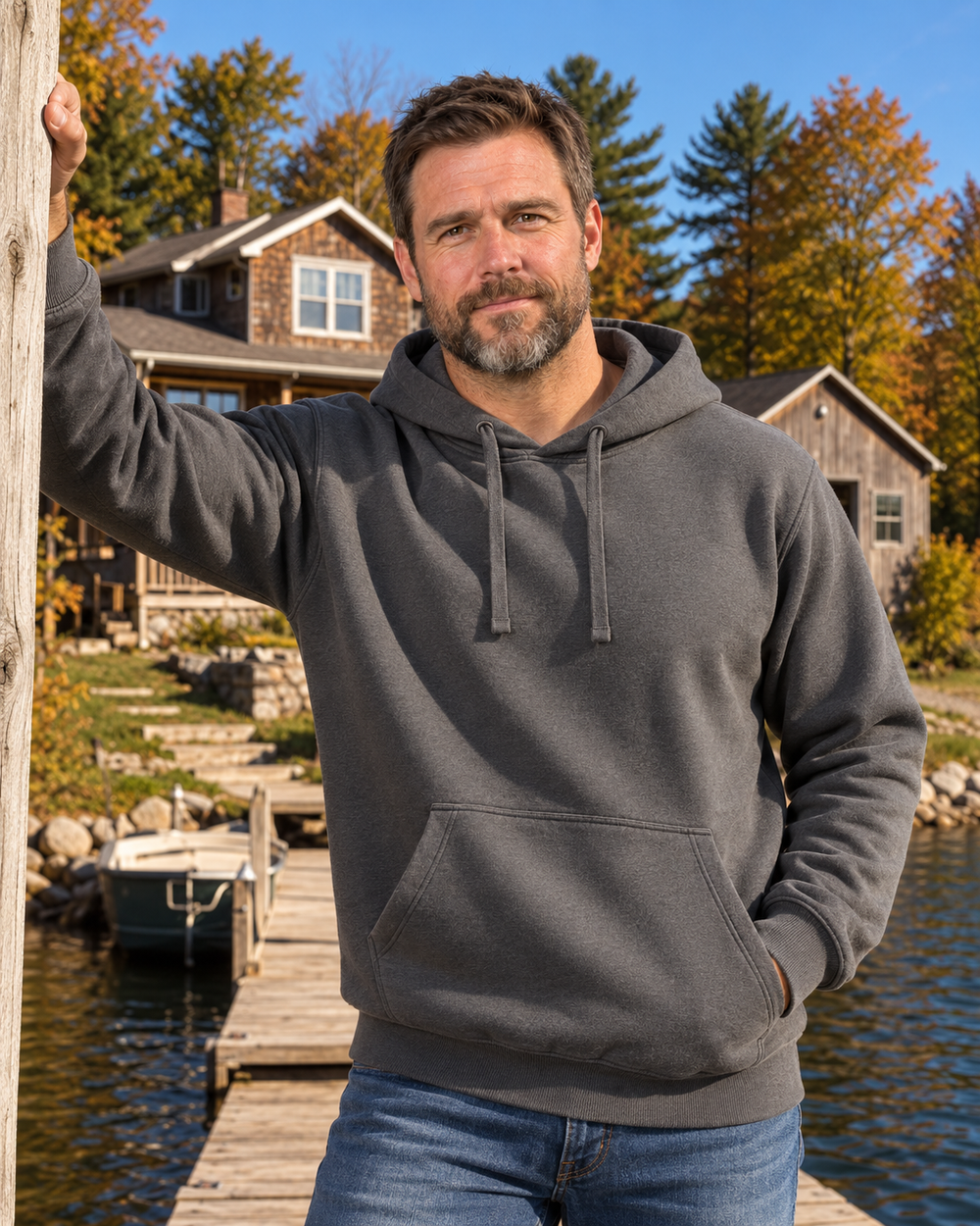 O'Fishally Retired — Lake Badge Hoodie — Charcoal — model front