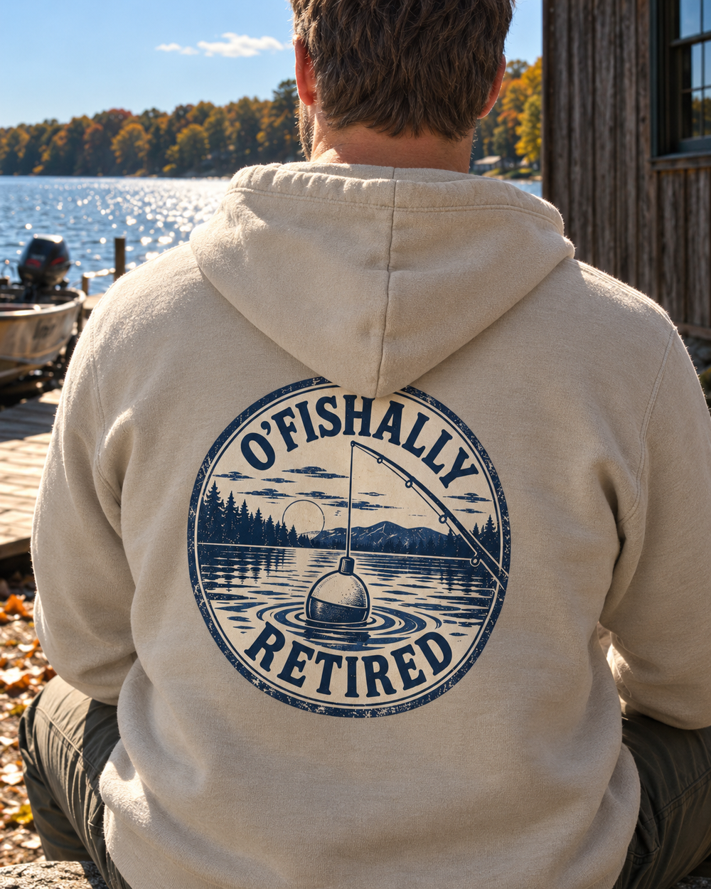 O'Fishally Retired — Lake Badge Hoodie — Sand — model back close-up