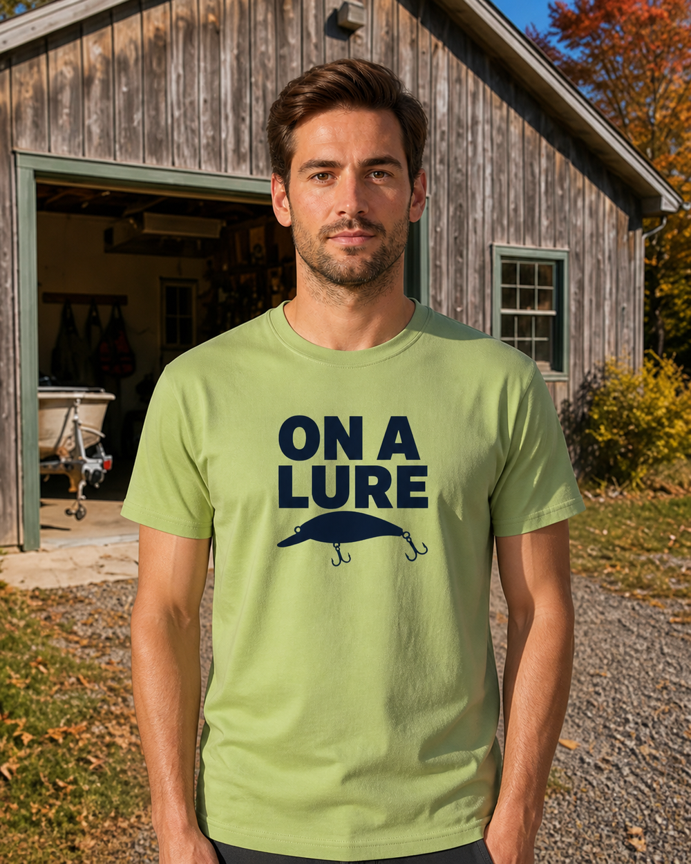 On A Lure Bold tee — kiwi, worn, front