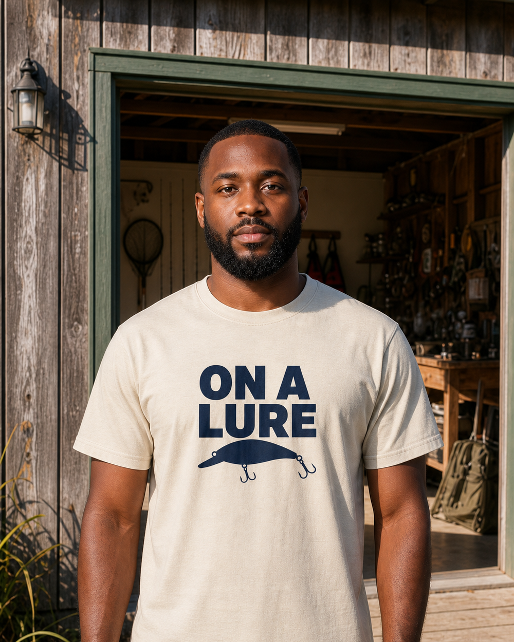 On A Lure Bold tee — bone, worn, front