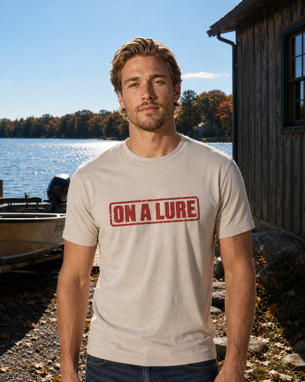 On A Lure tee — sand, worn, front