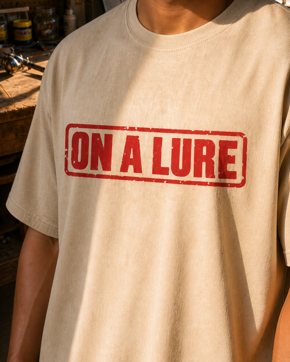 On A Lure washed tee — washed bone, worn, side