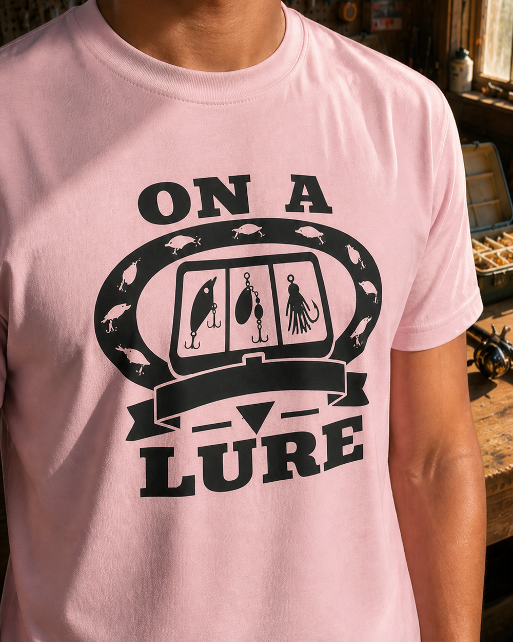On A Lure Heritage tee — worn, side