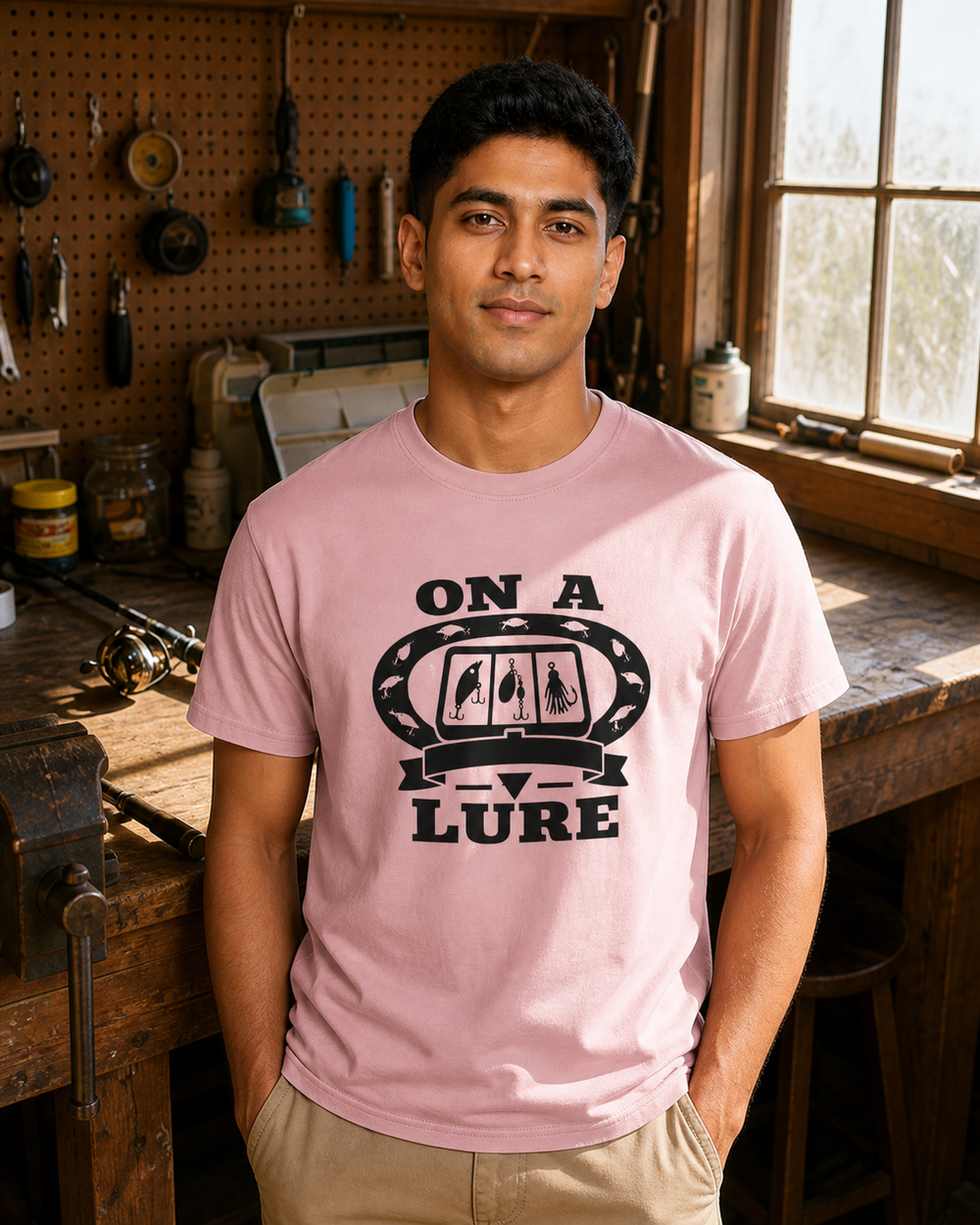 On A Lure Heritage tee — worn, front