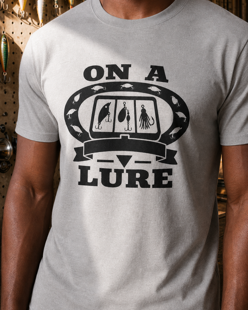 On A Lure Heritage tee — sports grey, worn, side