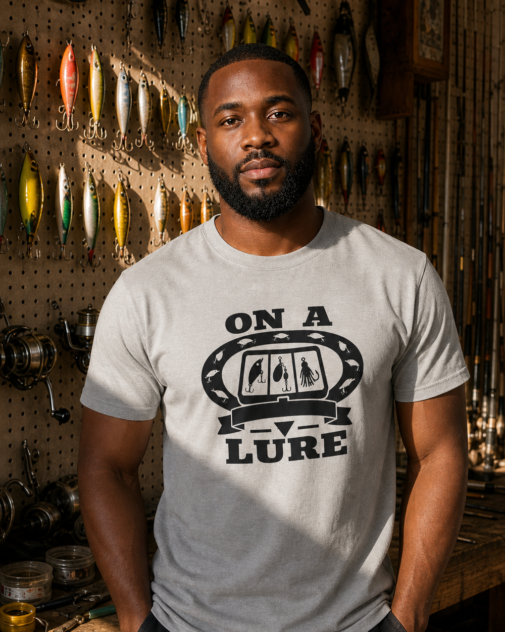 On A Lure Heritage tee — sports grey, worn, front
