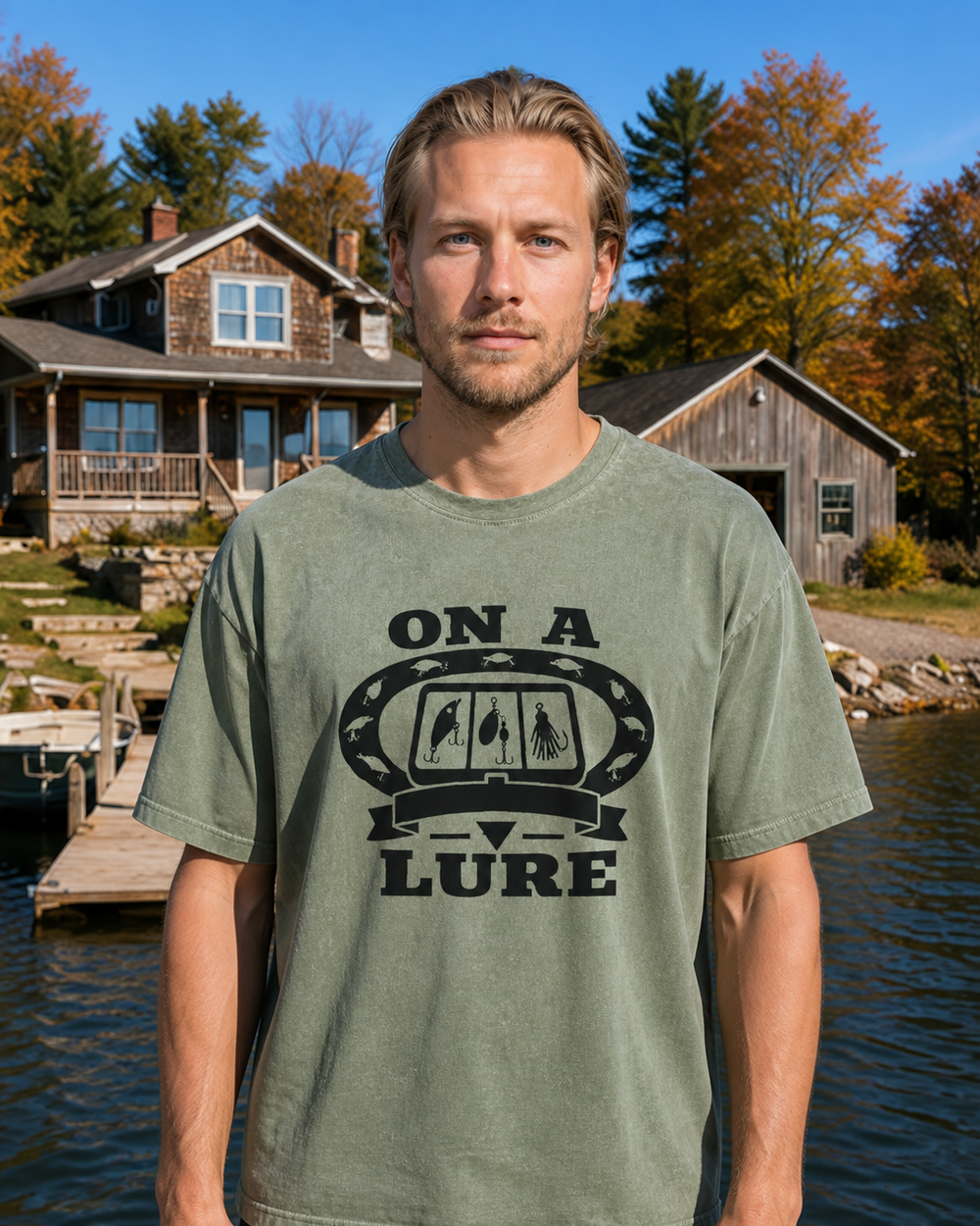 On A Lure Heritage washed tee — washed sage, worn, front