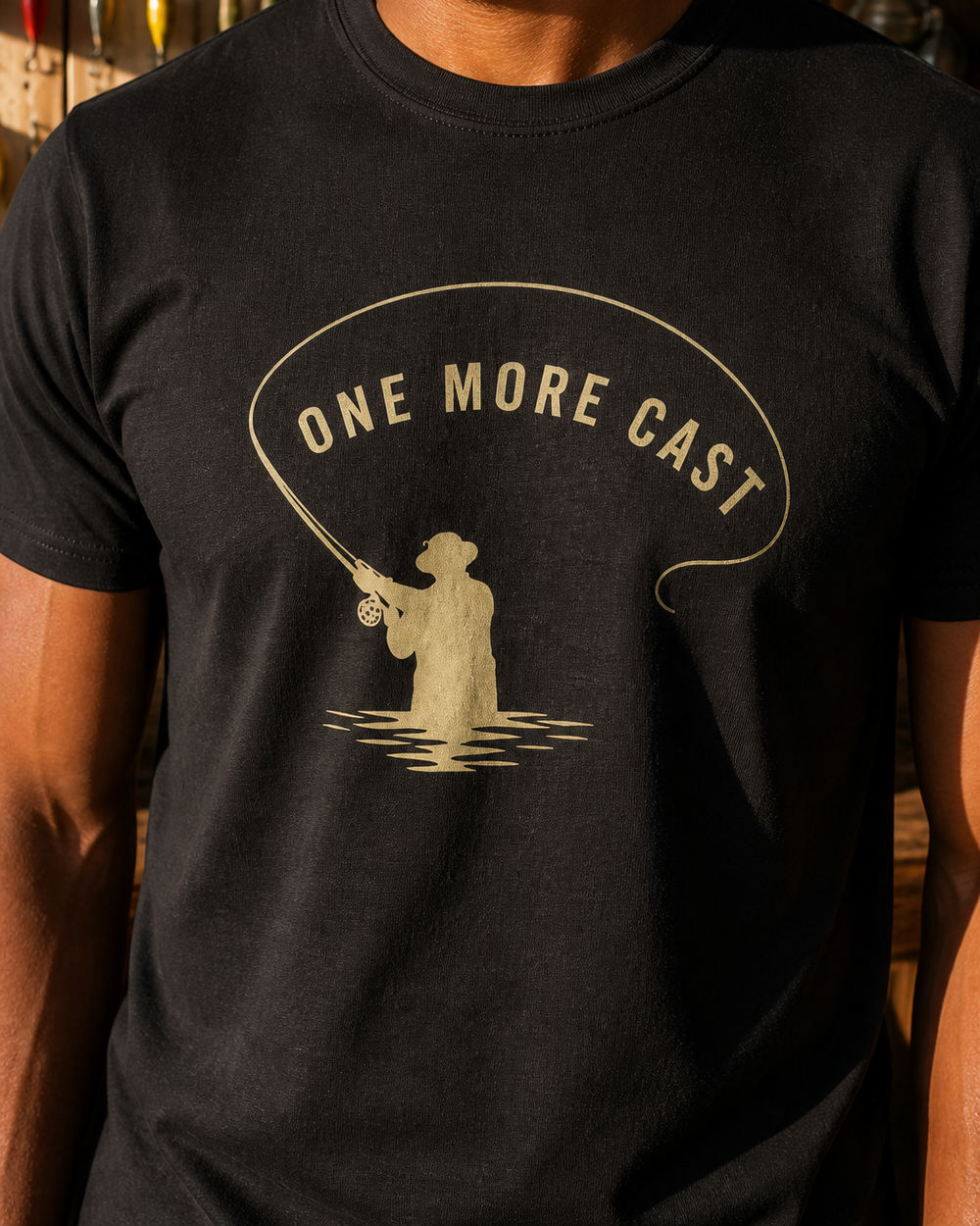 One More Cast Loop tee — black, worn, side