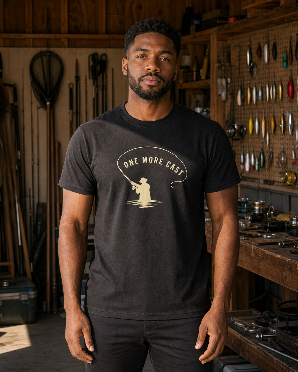 One More Cast Loop tee — black, worn, front