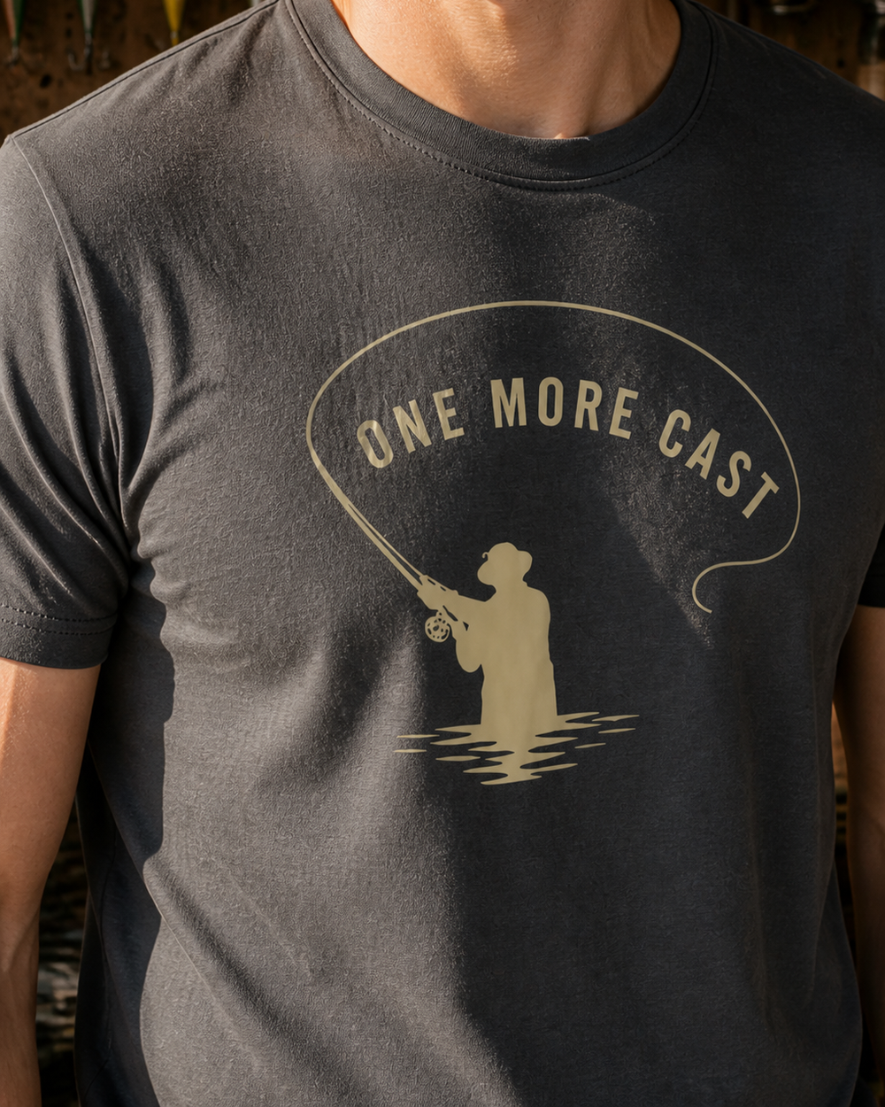 One More Cast Loop tee — charcoal, worn, side