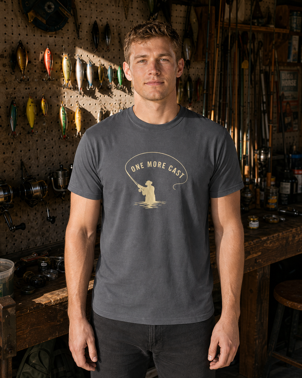 One More Cast Loop tee — charcoal, worn, front