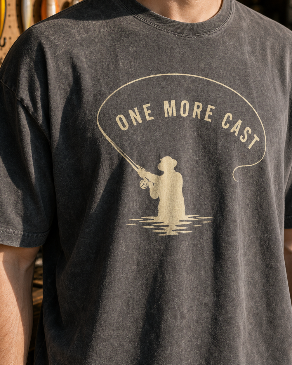 One More Cast Loop washed tee — washed black, worn, side