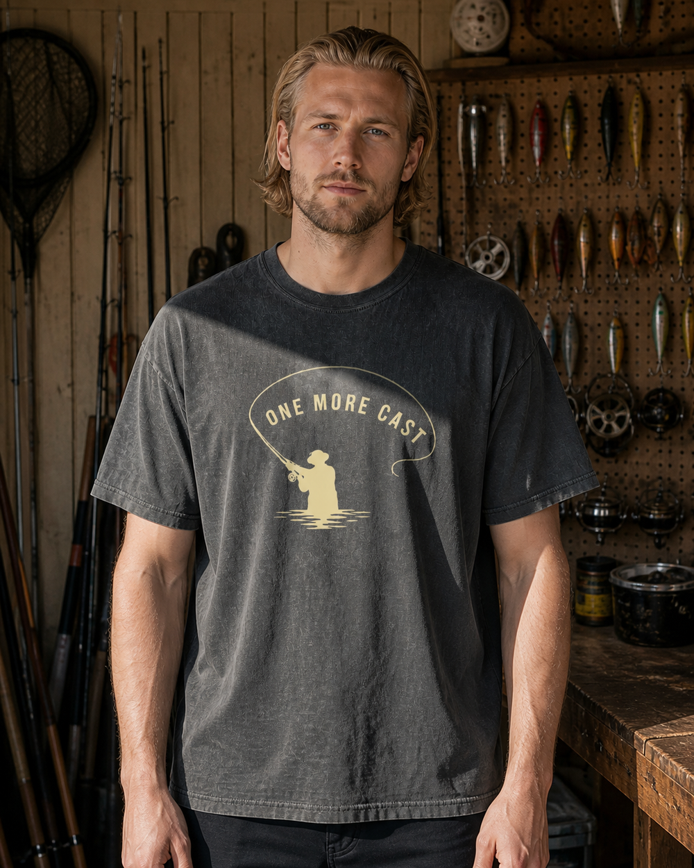 One More Cast Loop washed tee — washed black, worn, front
