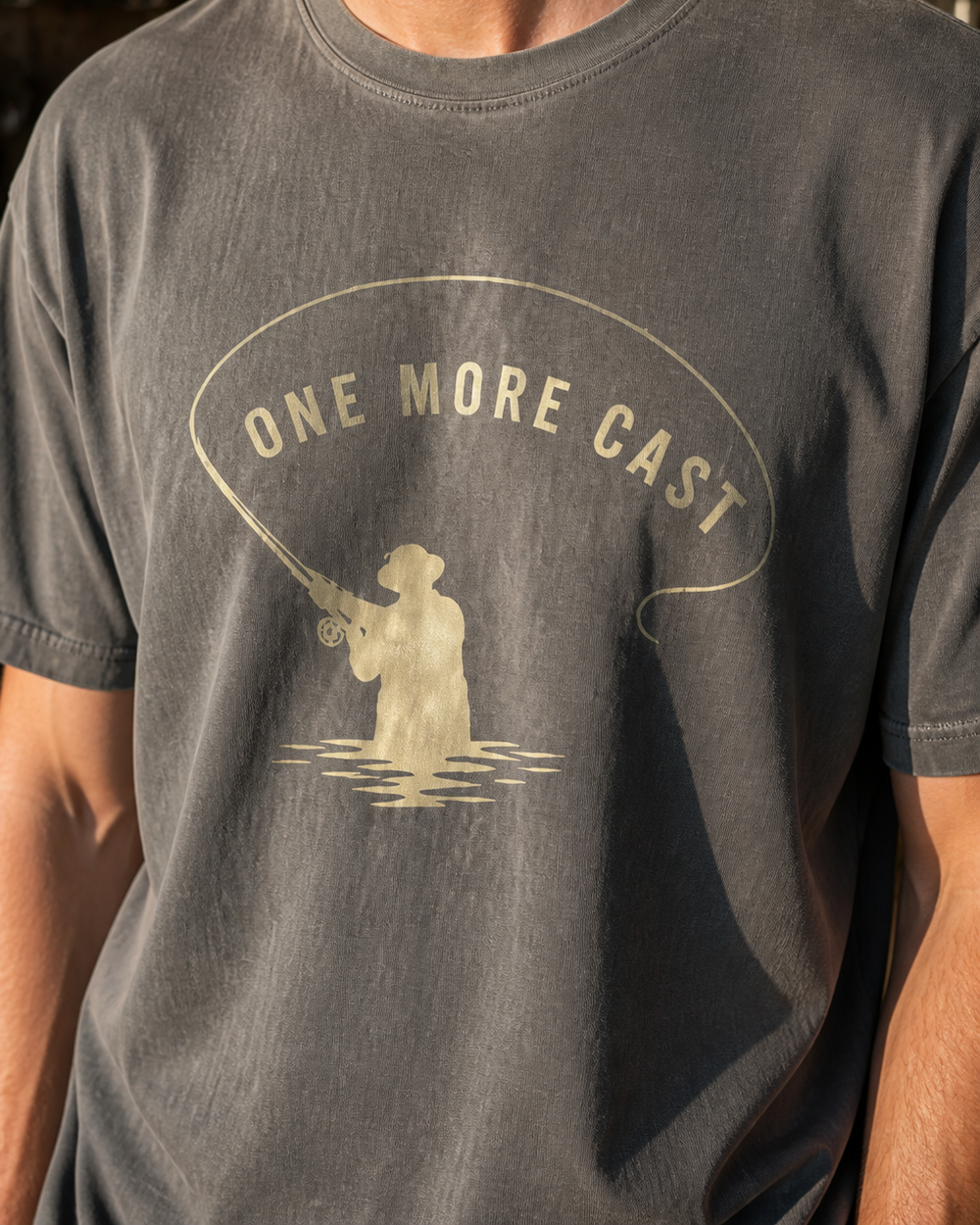 One More Cast Loop washed tee — washed charcoal, worn, side